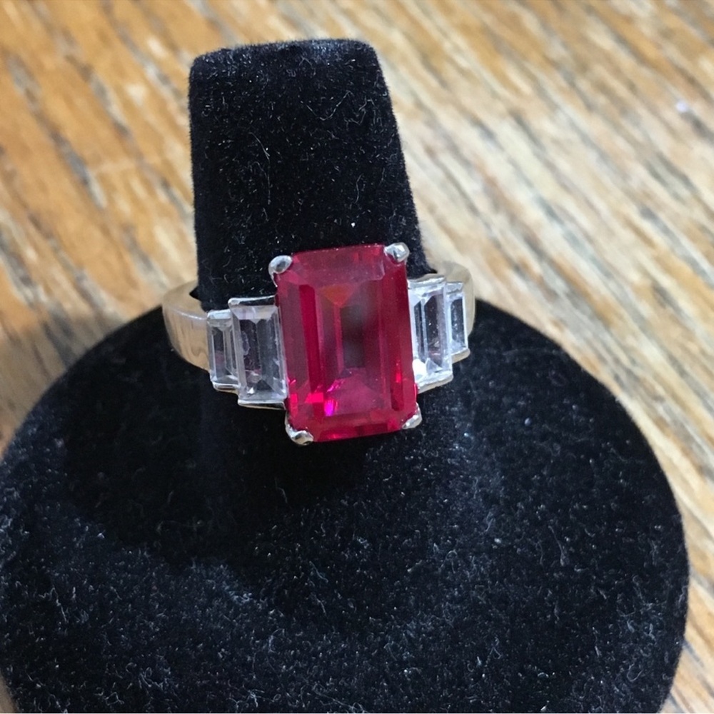 Sterling Silver Emerald Cut Simulated Ruby Gemstone Ring size 6.75!